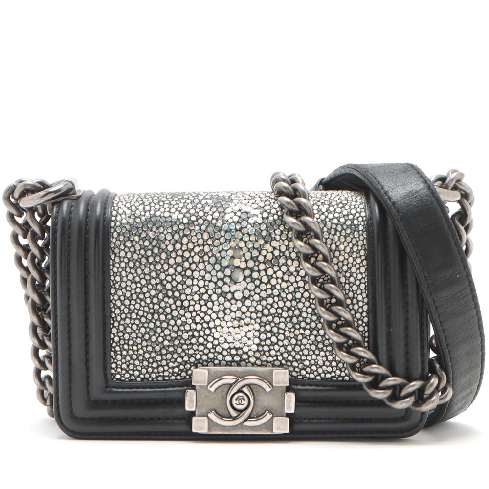 Chanel Boy Leather Galuchat Chain Shoulder Bag Black Gunmetallic